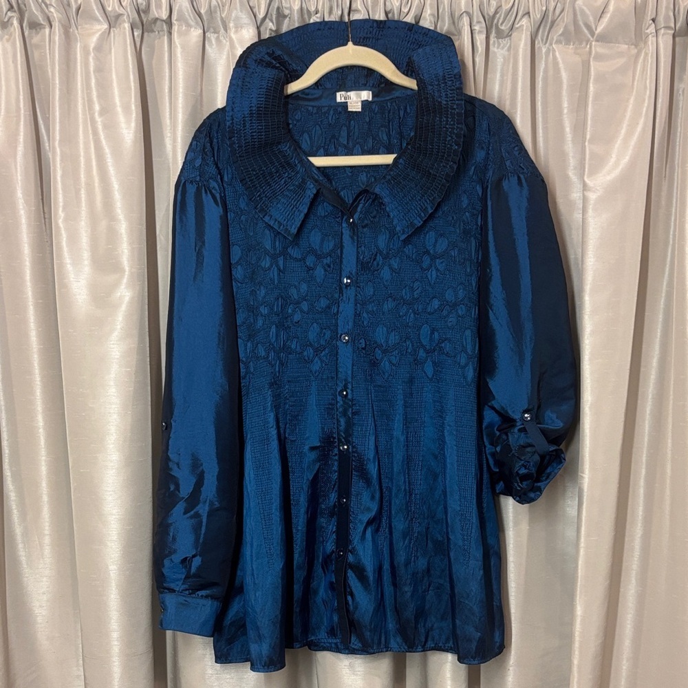 Puli Peacock Blue Women's Top, XL, satin, holiday, festive, dramatic collar